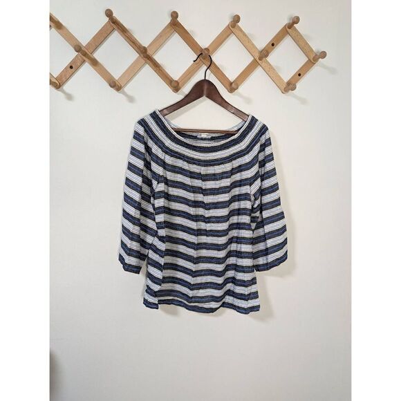 J. Jill Linen Blend Striped Smocked Neckline Off Shoulder Top Size L - Picture 1 of 5